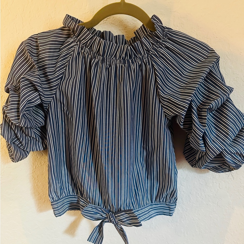 Habitual Navy and White Striped Ruffle Sleeve Blouse